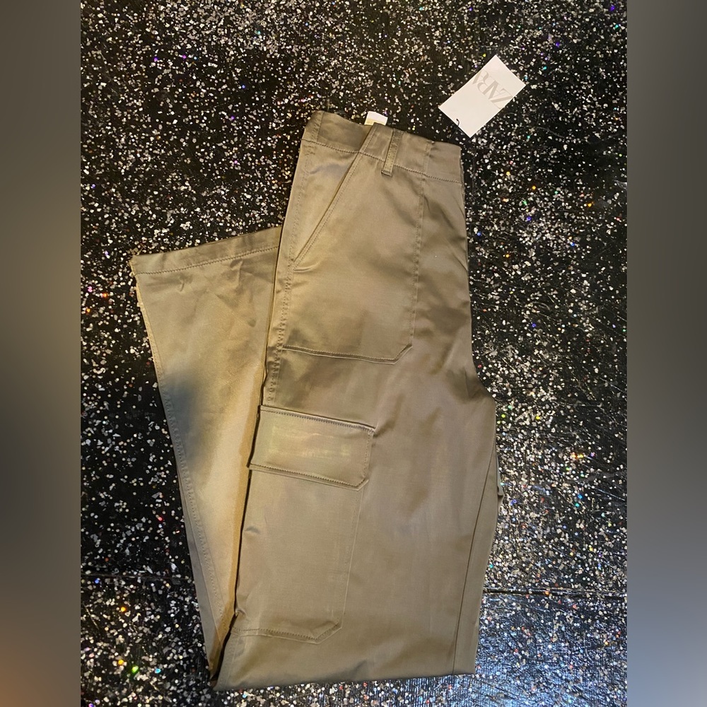 Zara army green silk stain effect cargo pant